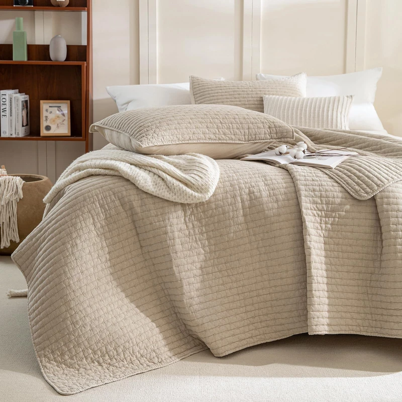 Sanracie Stonewashed Cotton Coverlet King Size(110"x98"), Dark Wheat Colored Cross Stitch Pattern Quilt Bedding Set 3Pcs Extra Soft Breathable Crinkle Quilted Bedspread Set for All Season