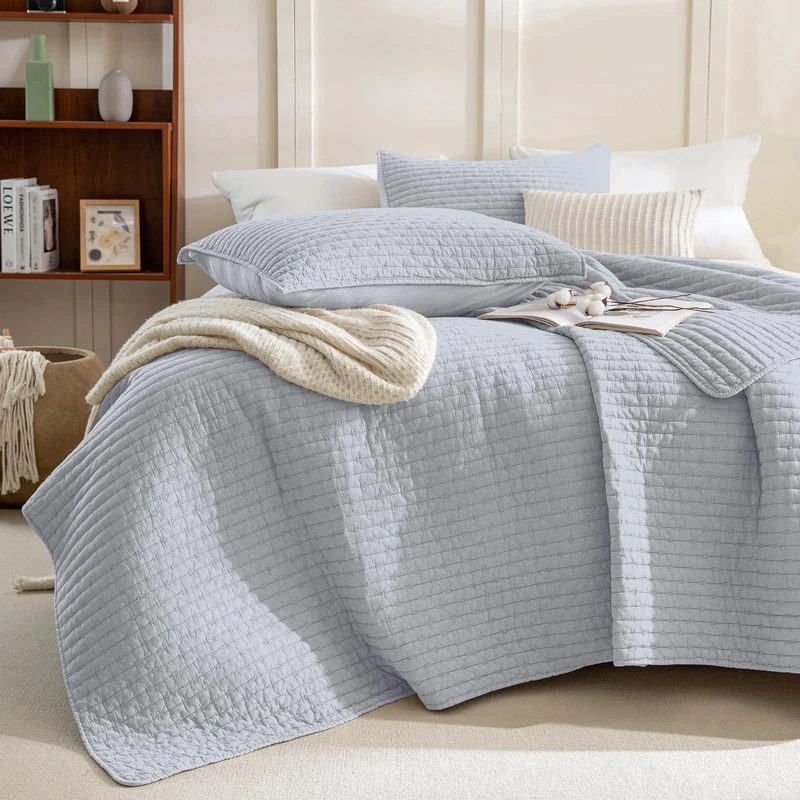 Sanracie Stonewashed Cotton Coverlet Queen Size(90"x98"), Ultra Soft Cornflower Blue Crinkle Quilt Bedding Set 3Pcs Cross Stitch Pattern Lightweight Breathable Bedspread Set for All Season