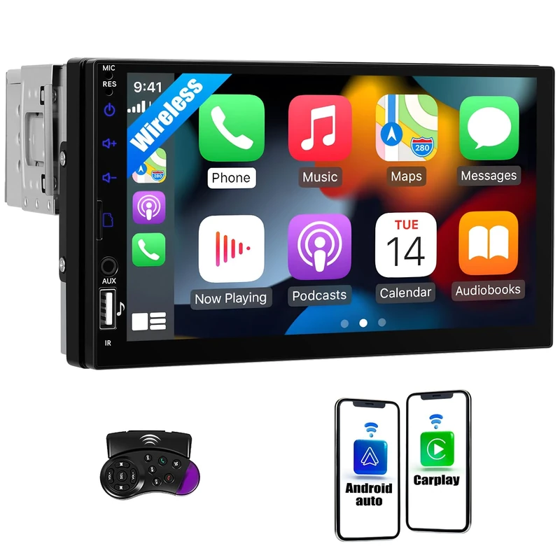 CAMECHO 7" Single Din Car Stereo with Wireless Apple CarPlay Android Auto, HD Touchscreen 1 Din Car Radio with Bluetooth 5.2 FM Radio Mirror Link AUX/TF/USB Head Unit + Steering Wheel Control