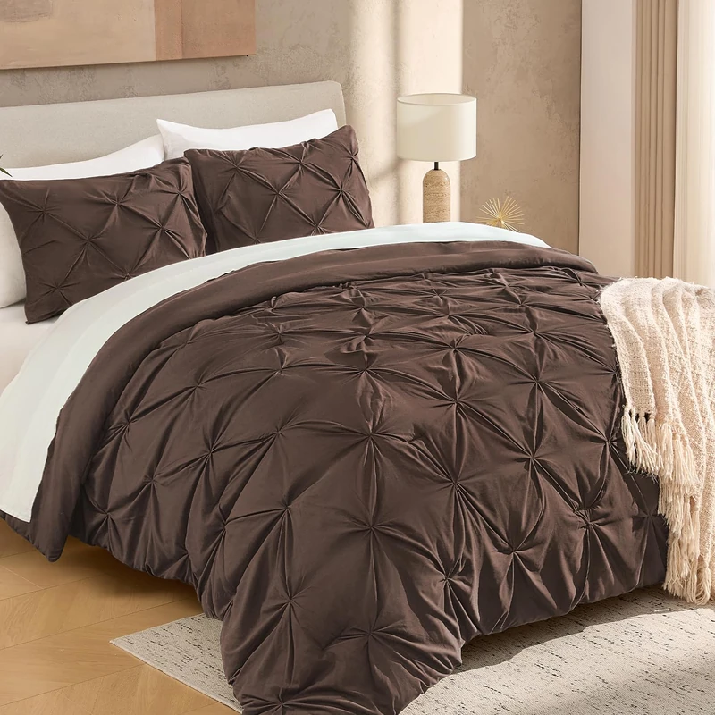 Andency King Pinch Pleat Brown Comforter Set 3 Piece Bedding