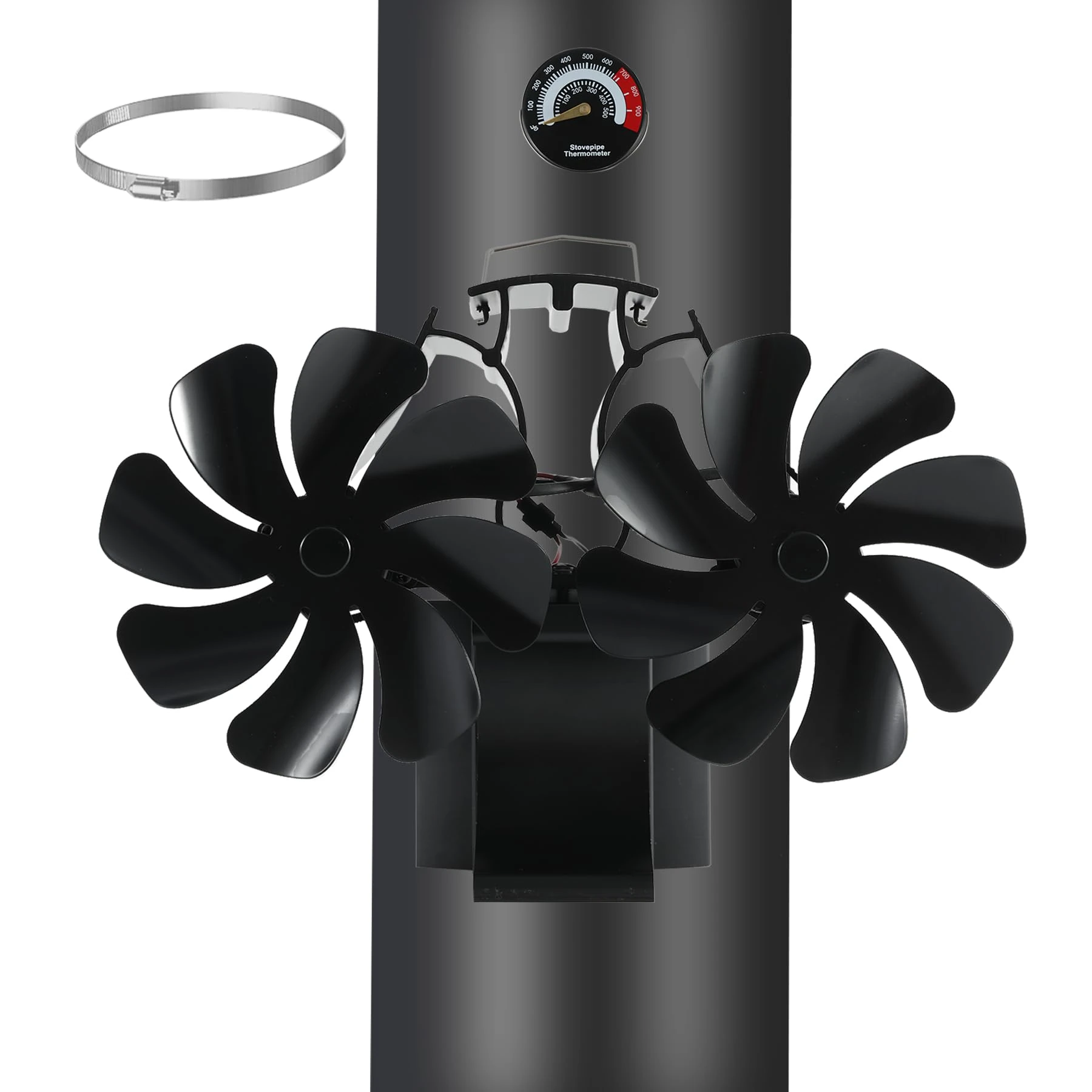 HAWCAFU Magnetic Fireplace Fan 3-in-1, Stove Fan without Power, Fireplace Fan with Thermometer for Wood/Firewood/Fireplace/Stove Pipe, Stove Fan for Fireplace, with Spare Part Ring