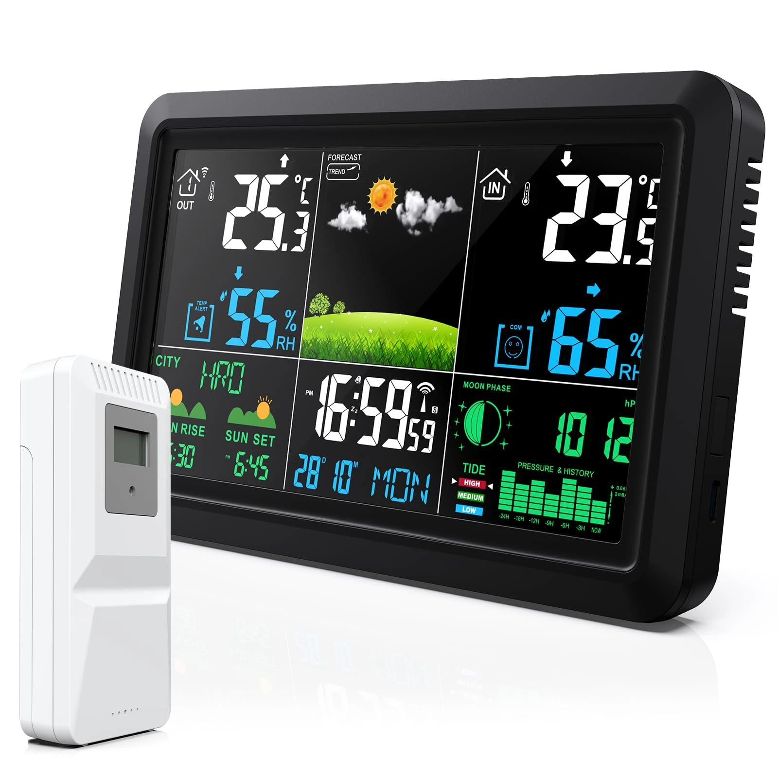 Snorthy Weather Station with Wireless Outdoor Indoor Sensor, Radio Controlled Clock, Indoor Outdoor Temperature Thermometer, Moon Phase, Weather Forecast, Barometer, Humidity Monitor for Home Garden