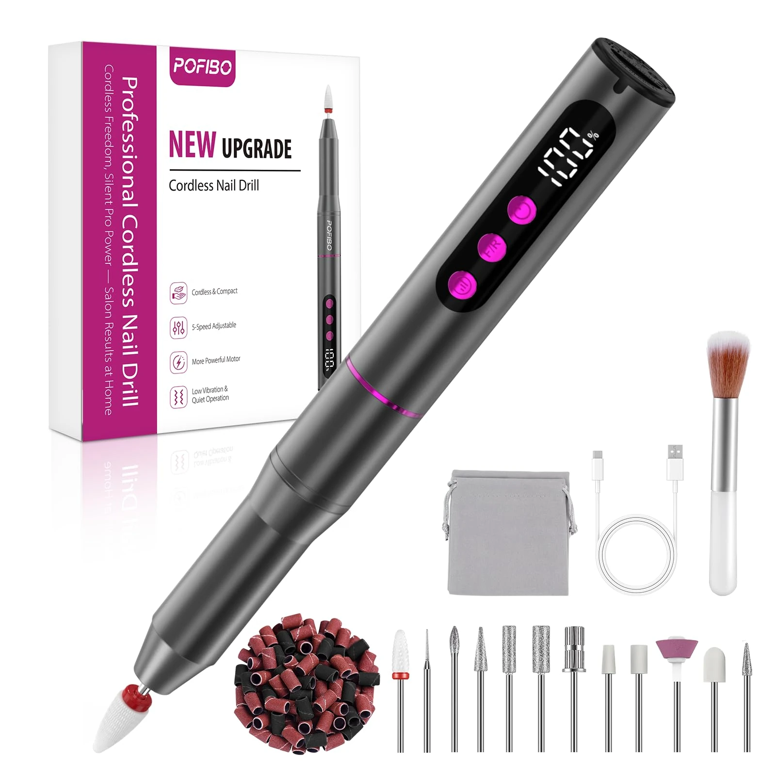 POFIBO Cordless Electric Nail Drill – 12 in 1 Rechargeable Electric Nail File Kit with LCD Display, 5 Adjustable Speeds, 35000RPM, for Acrylic & Gel Nails, Manicure & Pedicure