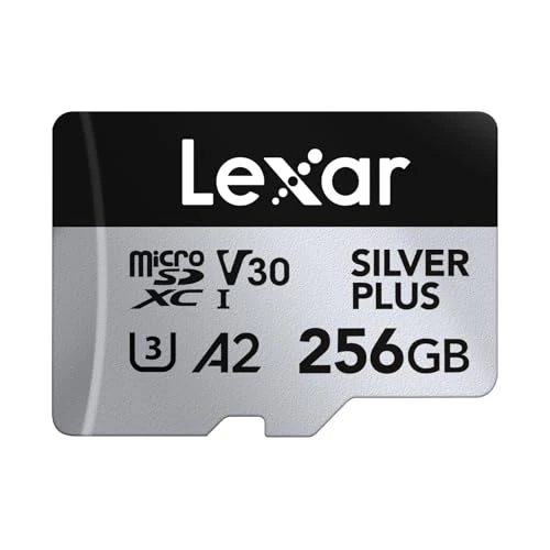 Lexar 256GB Silver Plus Micro SD Card Up to 205 MB/s, MicroSDXC UHS-I Flash Memory Card with Adapter, C10, U3, A2, V30, Full HD, 4K UHD, High Speed TF Card for Drone, Action Camera, Handheld Consoles
