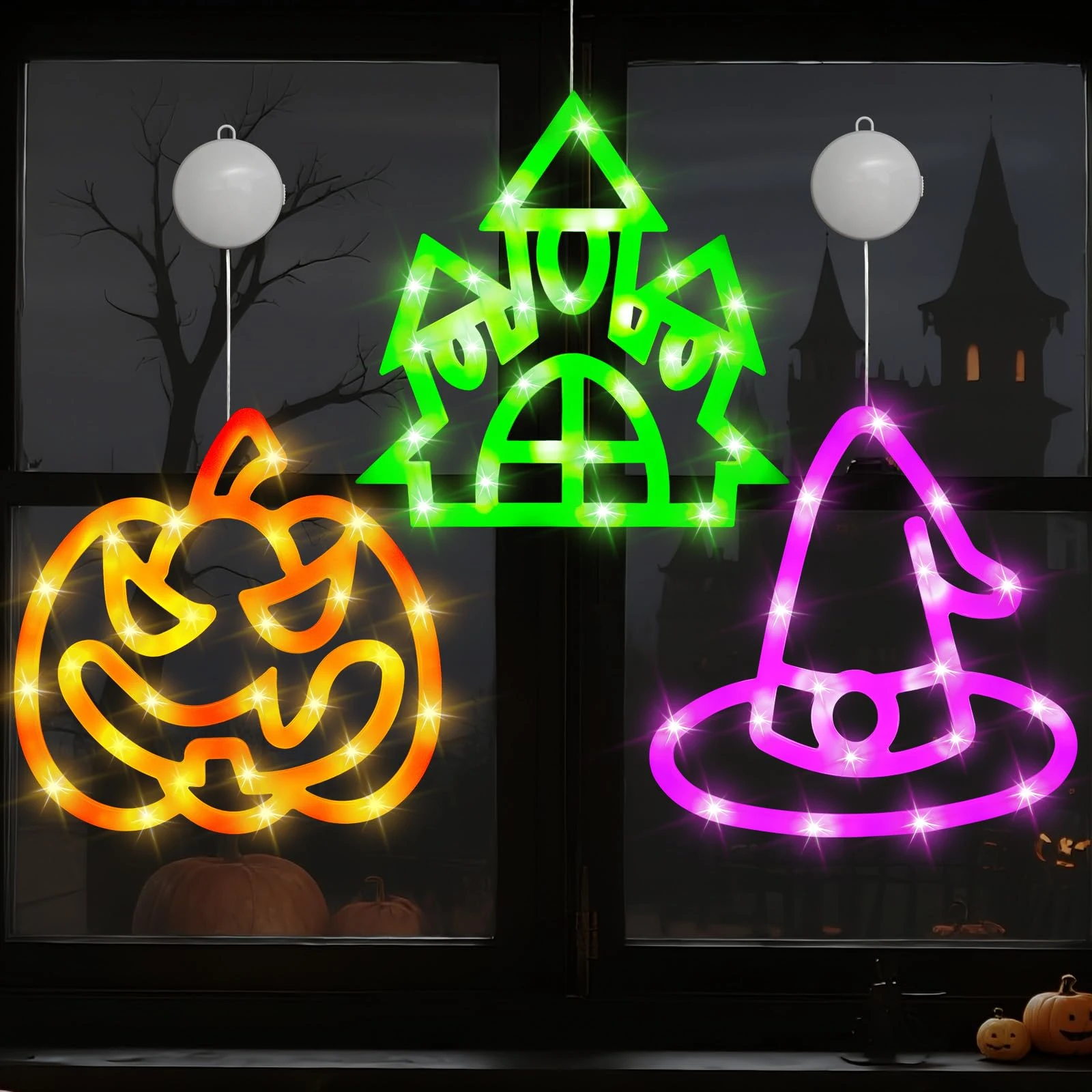 Halloween Decorations Window Light: Set of 3 LED Lights for Windows Battery Operated Indoor Pumpkin Halloween Decor for Home, Party, Shop Display (Style A)