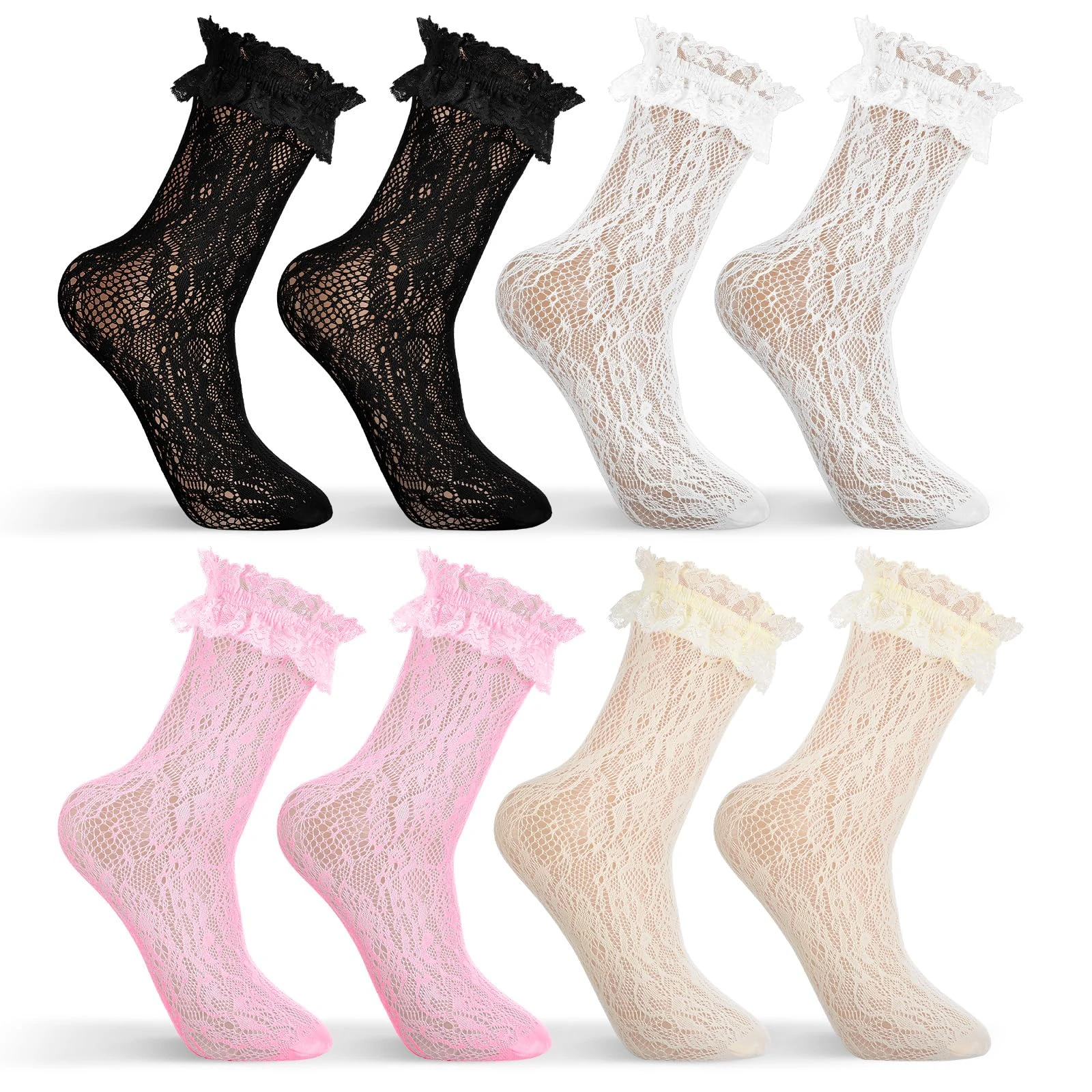 JIEYAO 4 Pairs Lace Ruffle Frilly Ankle Socks for Women, Soft Comfortable Cute Princess Dress Socks Lolita Accessories(Black, White, Pink, Cream White)