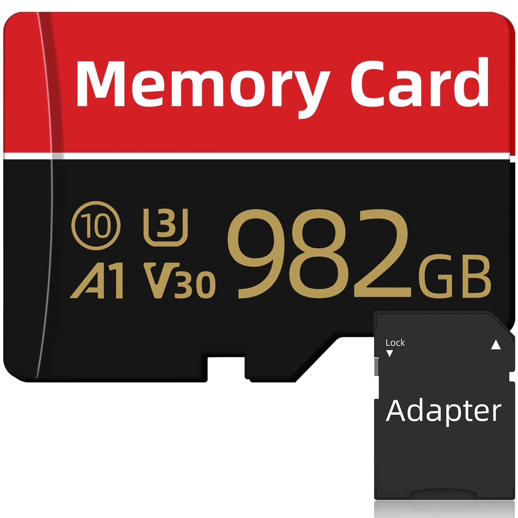 Memory Card 982GB, Moloplpou Waterproof Mini TF Card, Full HD Flash Memory Card with Adapter, Large Capacity Storage Card for Drone, Action Camera, Android Smartphones and Tablets, Red/Black