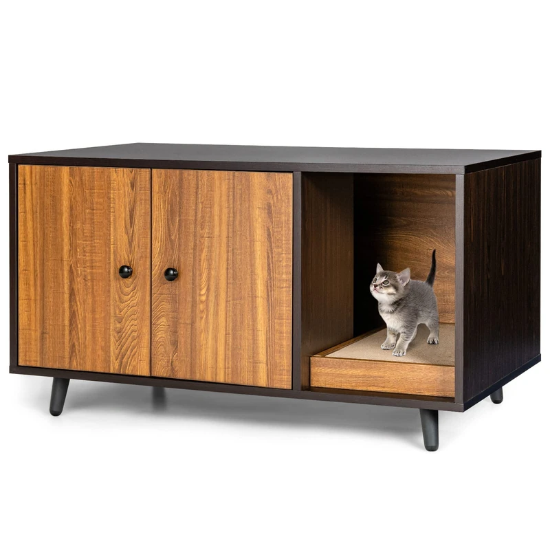 FANTASK 2-in-1 Side Cat House, Table and Cat Cabinet with 2 Doors, Coffee Table & Cat Litter Tray Made of Wood, Cat Cave with Waterproof Design, Good Air Circulation, 90 x 50 x 50 cm (Brown) - Image 1