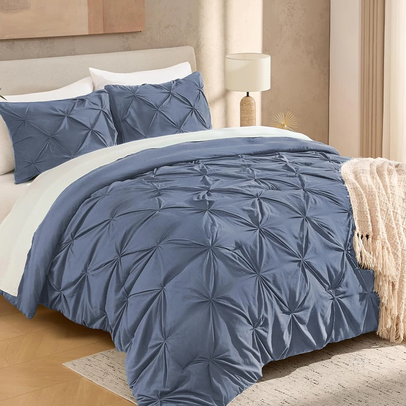 Andency Full Pinch Pleat Dark Blue Comforter Set 3 Piece Bedding