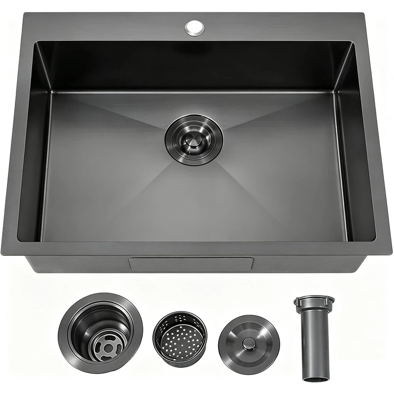 Ikebana 25x22 Inch Black Kitchen Sink, 25 Inch Gumetal Black Topmount Kitchen Sinks, Single Bowl RV Laundry Utility Sink, 16 Gauge Stainless Steel Drop in Sink with Strainer