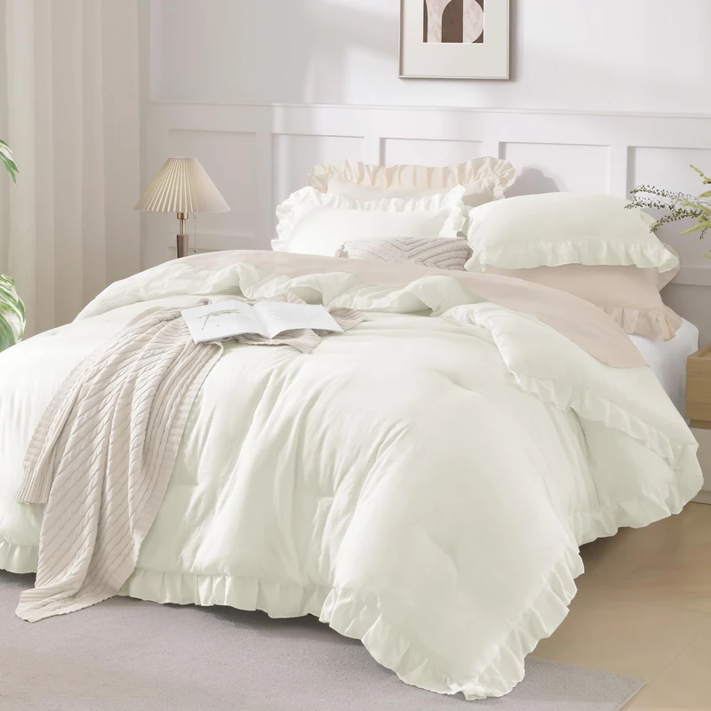 Andency Oversized King Ruffle Comforter Set, 3 Pcs Ivory Fluffy Bedding Set