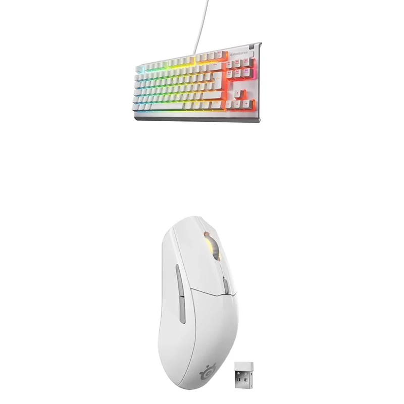SteelSeries Apex 3 TKL White - RGB Gaming Keyboard - 8-Zone RGB Illumination - English QWERTY Rival 3 Wireless Gen 2 Gaming Mouse - 2.4GHz & Bluetooth - 18K DPI Sensor - White
