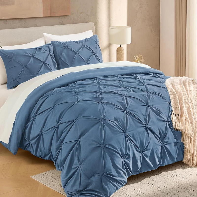 Andency Full Pinch Pleat Ocean Blue Comforter Set 3 Piece Bedding