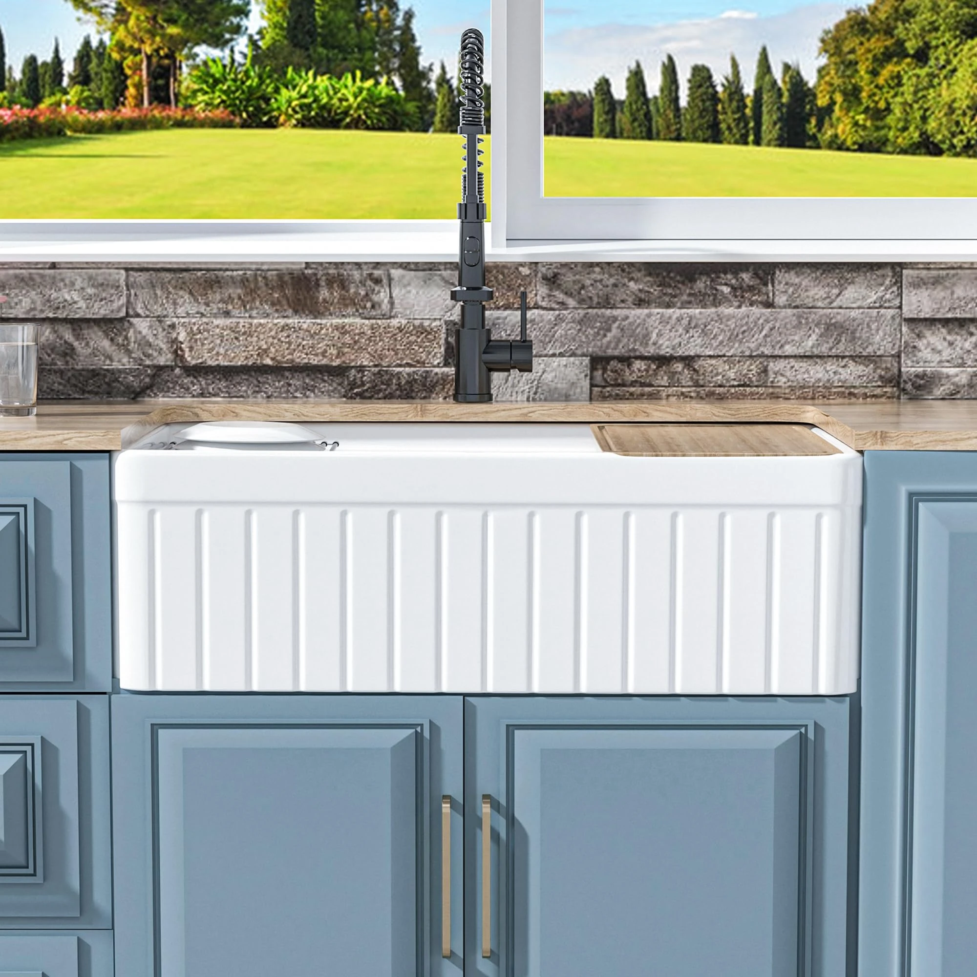 HOMLYLINK White Farmhouse Workstation Sink 33 x 20 Inch, Firecaly Apron Front Undermount Farm Sink, Heavy Duty Deep Single Bowl, w Accessories 4, Only Fluted Front Usable, Pure White, for Kitchen