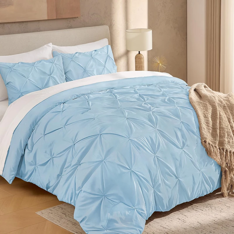 Andency King Pinch Pleat Light Blue Comforter Set 3 Piece Bedding