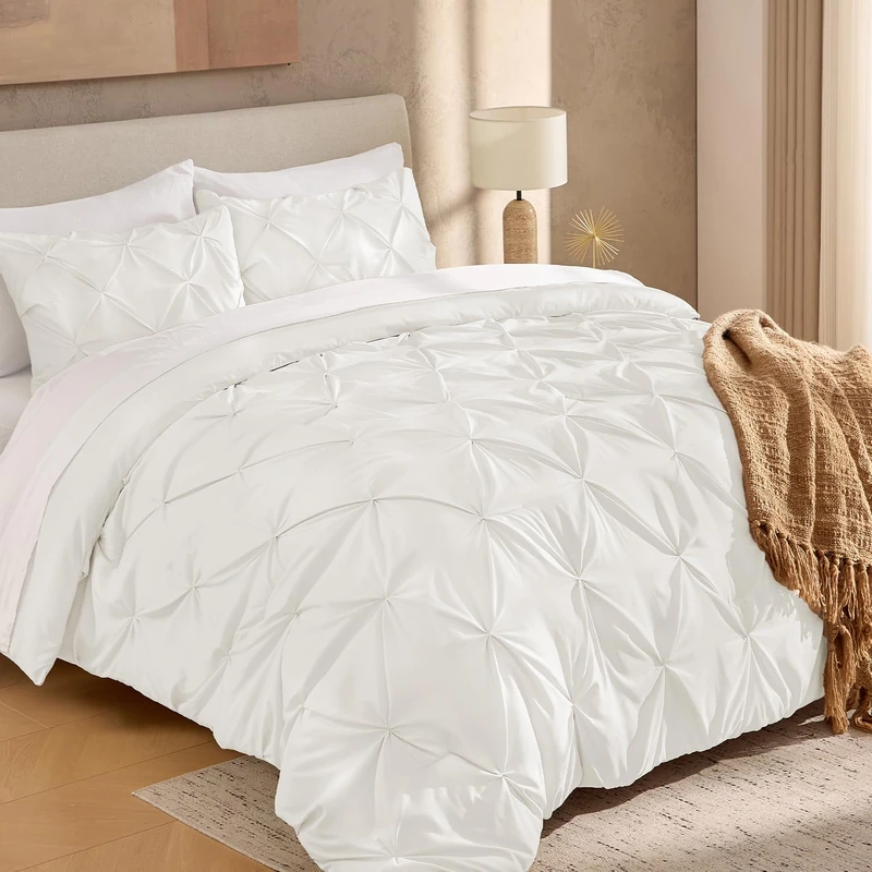 Andency Queen Pinch Pleat Ivory Comforter Set 3 Piece Bedding