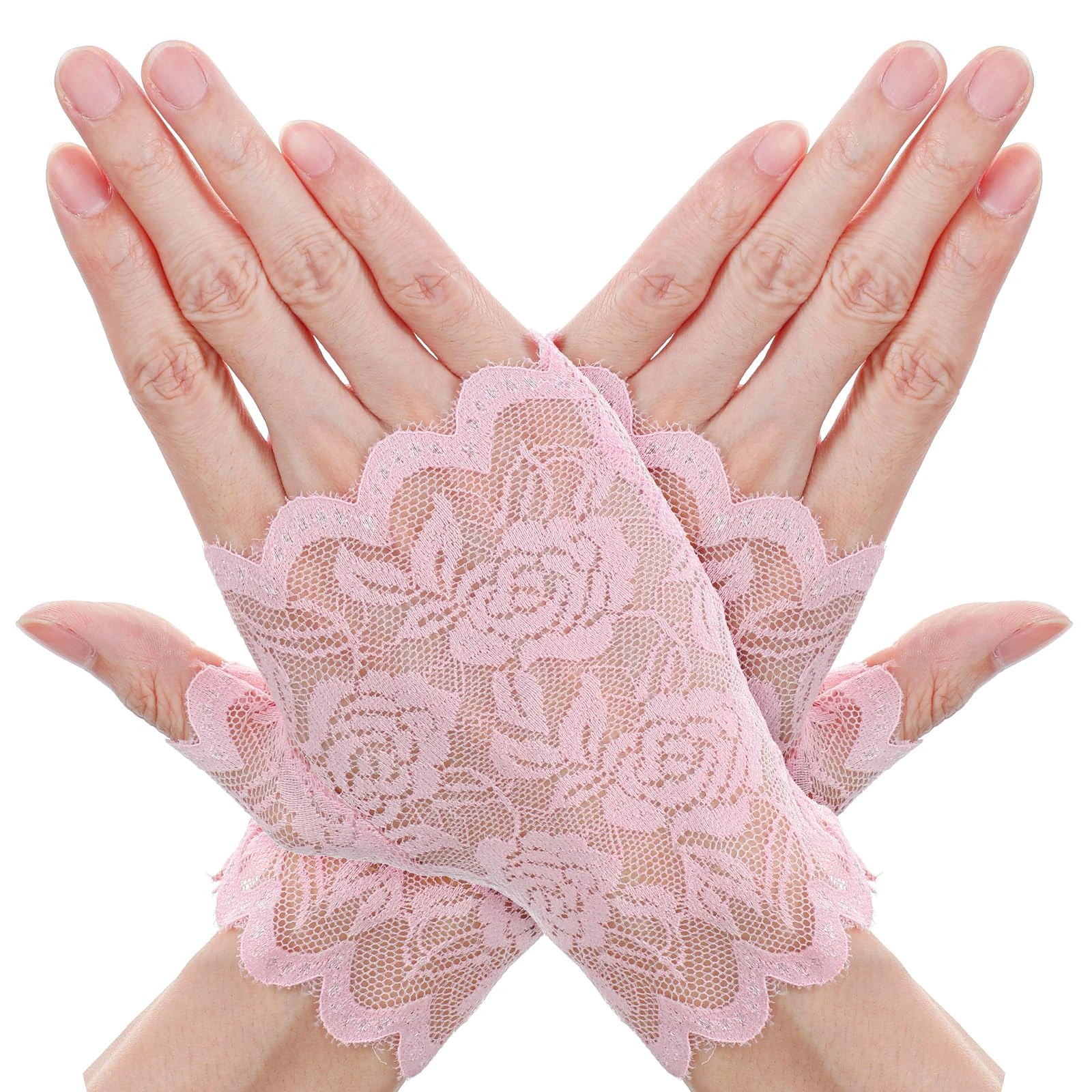 Quilax Lace Gloves,Short Floral Lace Fingerless Gloves Women Tea Party,Fingerless Glove for Women Bridal Prom Wedding Party Costume Accessories(Pink)