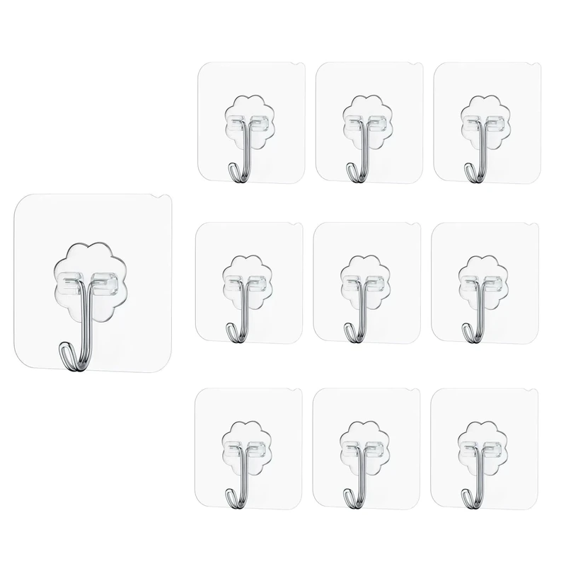 Maykafay Self Adhesive Hooks Heavy Duty Wall Hooks 10 Pack, 22lb Max Wall Hooks, Transparent Sticky Hook for for Kitchen, Bathroom, Office, Closet, Hanging Coat Cloth Towel Key Decorations