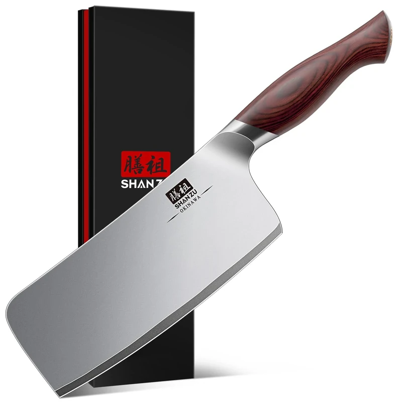 SHAN ZU Cleaver Knife 7 inch, Japanese Butchers Knife for Meat & Vegetable, Meat Cleaver with 10Cr15Mov High Carbon Stainless Steel Sharp Blade & Ergonomic Pakkawood Handle - Okinawa Series