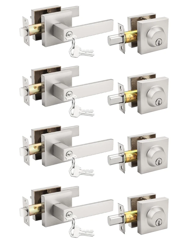 Tinewa 4 Pack Brushed Nickel Keyed Alike Front/Exterior Door Levers with Single Cylinder Deadbolt, Square Entry Door Knob Lock Set with Deadbolt Combination Sets, for Entrance/Front and Office Doors