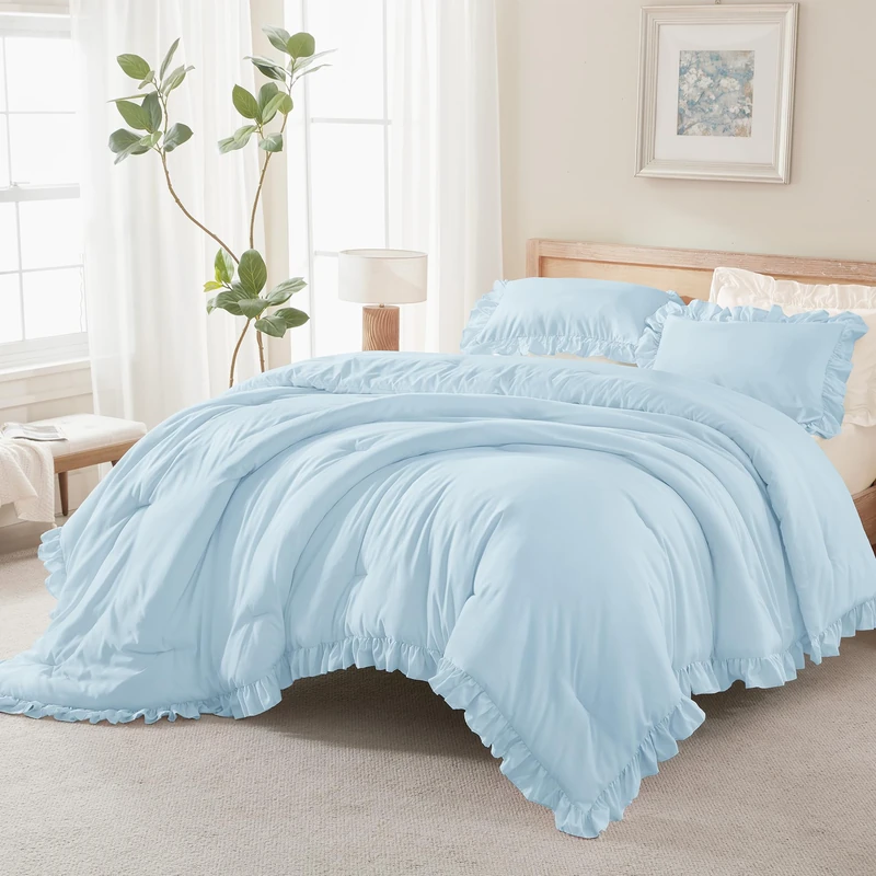Andency Light Blue Queen Comforter Set, 3 Pcs Farmhouse Shabby Chic Bedding