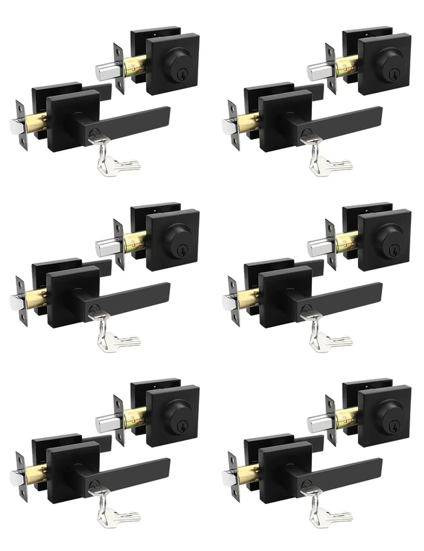 Tinewa 6 Pack Square Keyed Alike Front/Exterior Door Levers with Single Cylinder Deadbolt, Flat Black Entry Door Knob Lock Sets with Deadbolt Combination Sets, for Entrance/Front and Office Doors
