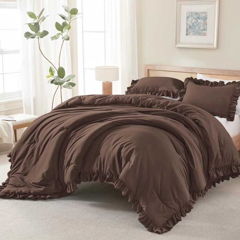 Andency Brown Queen Comforter Set, 3 Pieces Farmhouse Shabby Chic Bedding