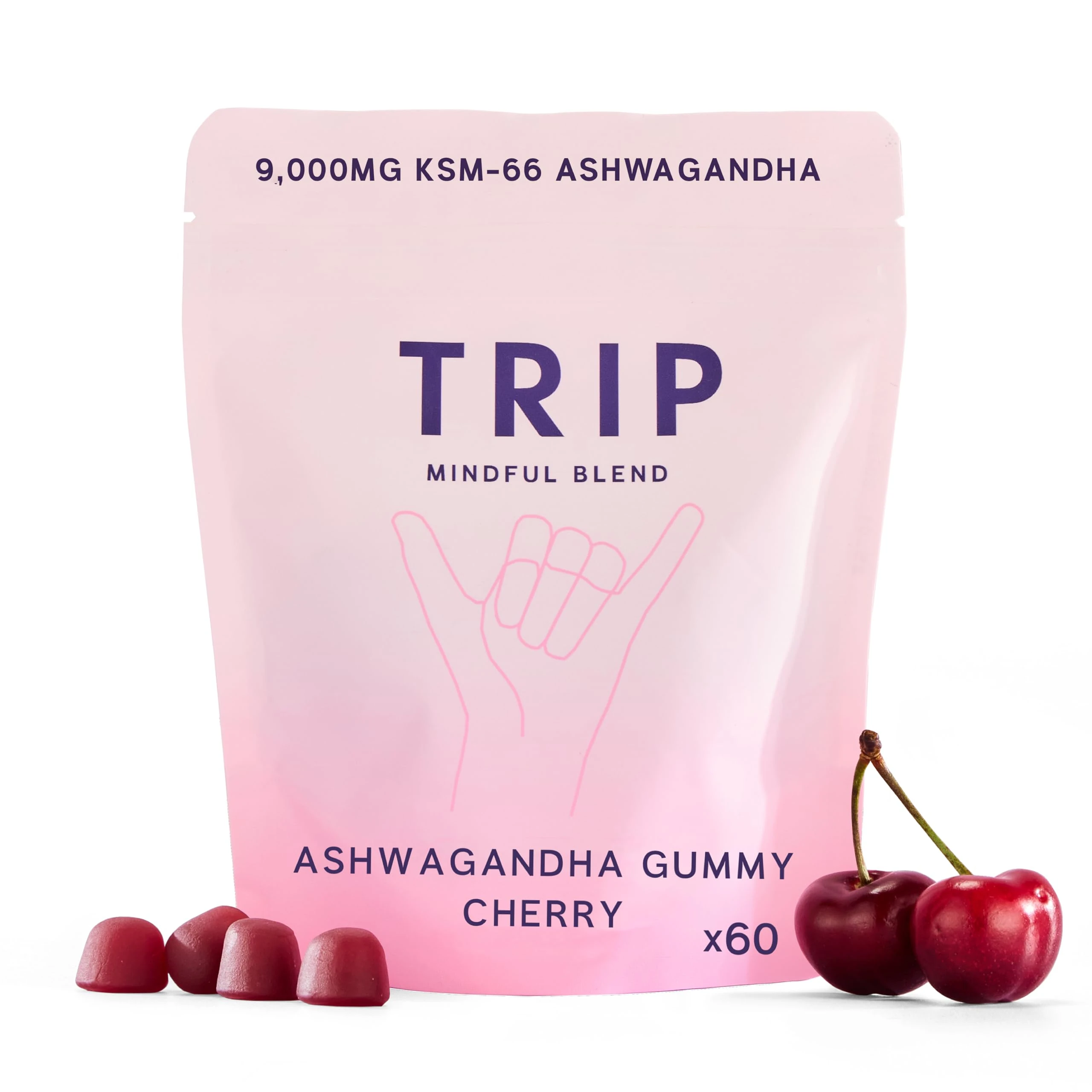 TRIP Ashwagandha Gummies, Cherry, High Strength, 9,000MG KSM-66 Ashwagandha per Pack (60 Gummies), with Vitamin B6, B12 & D2 – Vegan