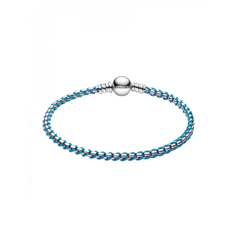 Pandora Moments Collection Blue Snake Chain Bracelet, Sterling Silver Fabric and Metal Combination, Length 19cm, 593816C01-19, 593816C01-19, Sterling Silver, No Gem