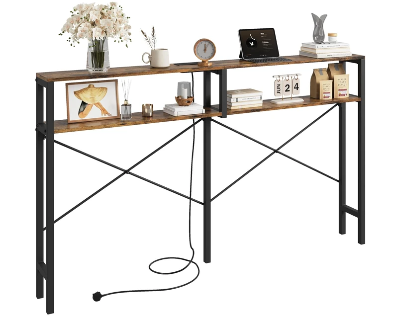 IRONCK Console Table with Power Outlet, 2-Tier Slim Sofa Table, 180 cm Narrow Behind Sofa Couch Table, Type-C Ports, Long Hallway Table for Entryway, Living Room, 180x20x104cm, Rustic Brown Black
