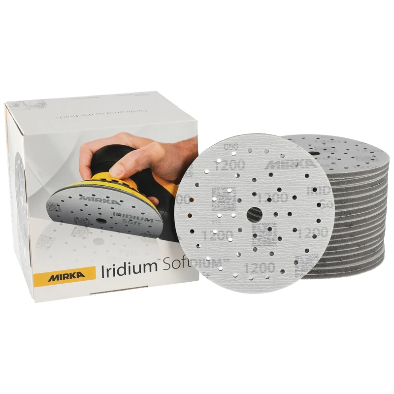 Mirka Iridium Soft sanding discs Ø 150 mm/grit P1200 / Hook & Loop Multifit / 20 pieces/foam-based abrasive for precise dry sanding, clear lacquer sanding, finish