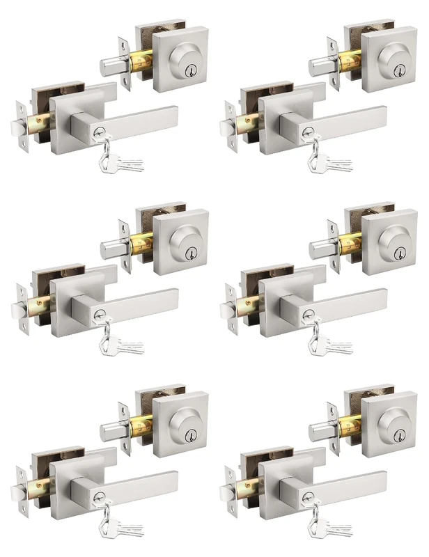Tinewa 6 Pack Brushed Nickel Keyed Alike Front/Exterior Door Lever with Single Cylinder Deadbolt, Square Entry Door Knob Lock Set with Deadbolt Combination Sets, for Entrance/Front and Office Doors