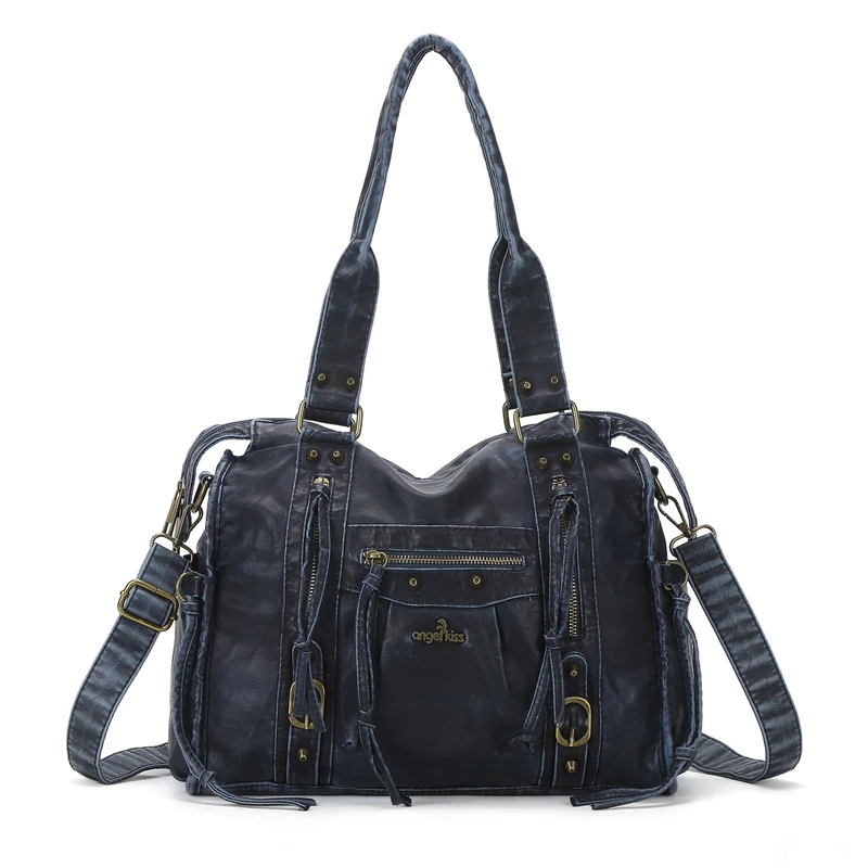 Angel Kiss Bag,Hobo Purses For Women Vintage Leather Large Satchel Tote Handbag Multi Pocket Shoulder Bag, Blue