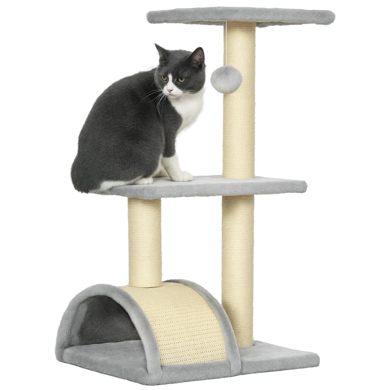 PawHut Cat Scratching Post 72 cm with Plush Balls, Sisal Posts, Platform, Scratching Board, Multi-Tier Cat Scratching Post, Climbing Tree, for Medium Cats, Light Grey - Image 1