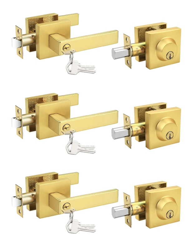 Tinewa 3 Pack Brushed Gold Keyed Alike Front/Exterior Door Lever with Single Cylinder Deadbolt, Satin Brass Entry Door Knob Lock Set Combo Sets, for Entrance/Front and Office Doors