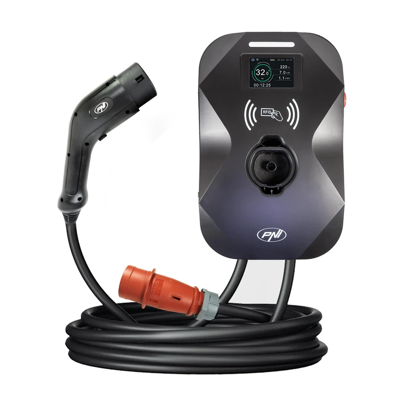 PNI Estación de carga KW22 32A, 22KW, para coches eléctricos, 85V - 415V, cable tipo 4 y conector de 7 pines, pantalla de 3,5 pulgadas, con Bluetooth, aplicación y tarjeta RFID, IP44