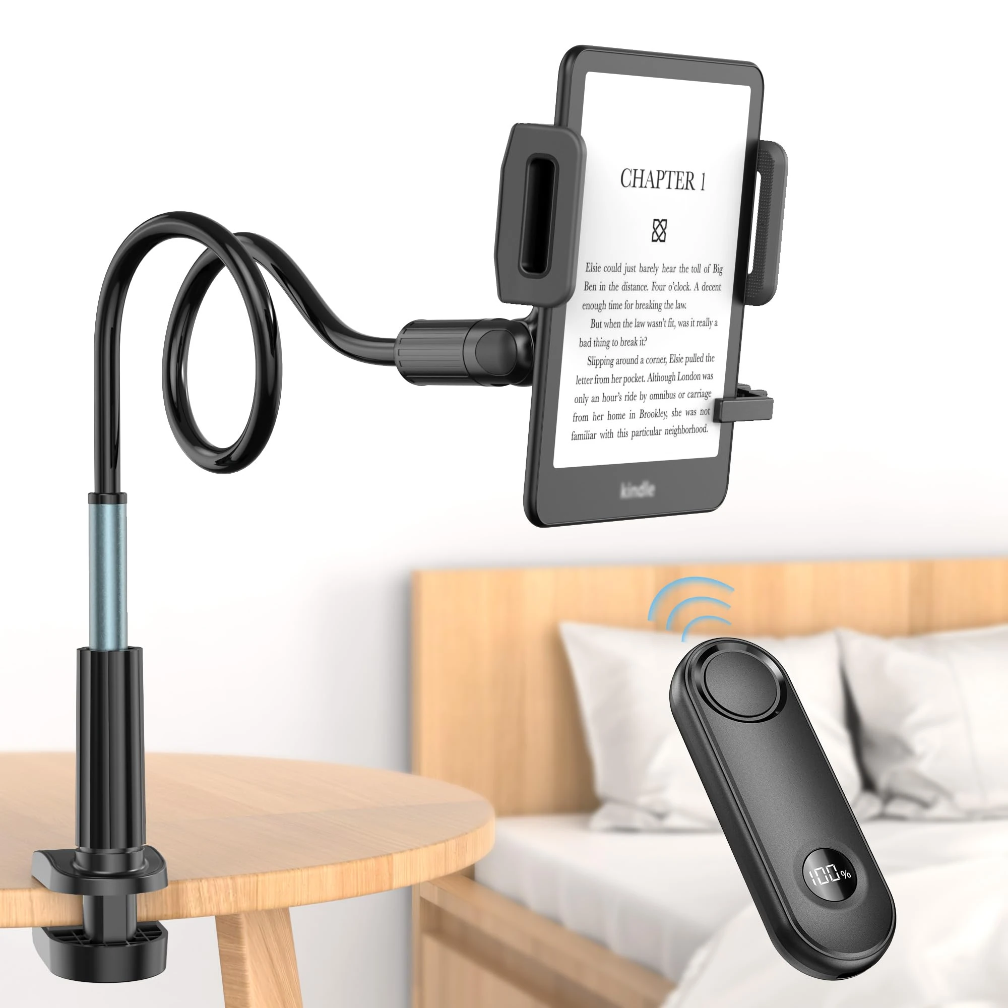 PlusAcc Page Turner Holder for Kindle - Gooseneck Reader Mount, Lie in Bed and Read, Adjustable Hands Free Desk Bedside Arm Stand, Compatible with Kindle, Kobo