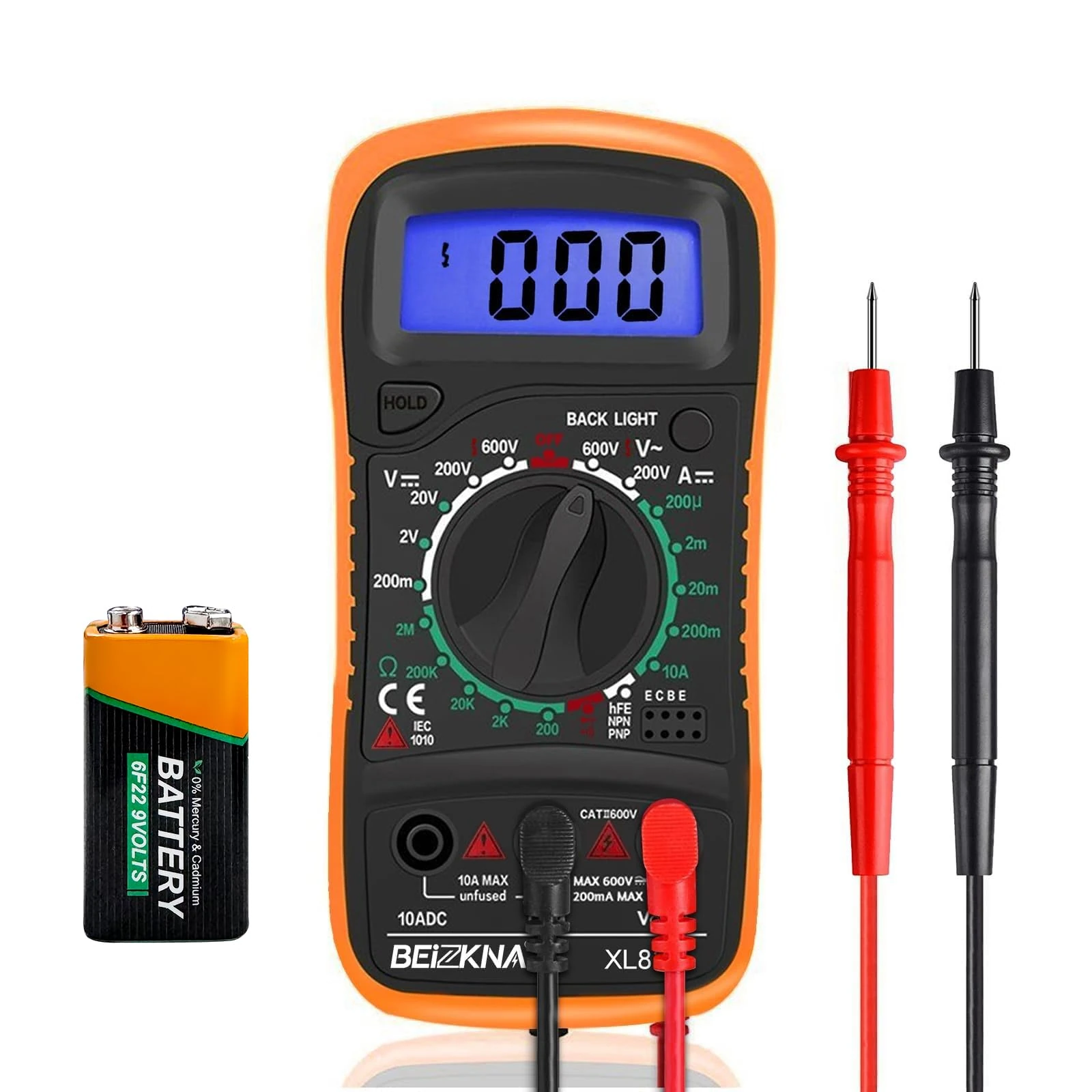 Beizkna Digital Multimeter Voltmeter Battery Voltage Multi Tester AC DC Volt OHM Amp Current Meter Continuity Circuit Resistance Diode Ammeter Electrical Tester with Test Leads Backlight LCD Display