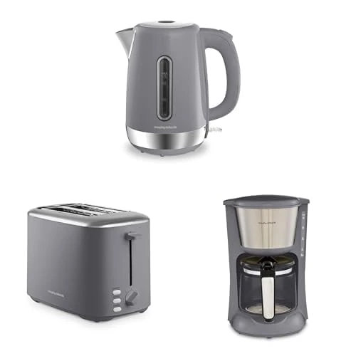 Morphy Richards Equip Bundle, Kettle, Toaster and Filtered Coffee Machine, 1.7L Fast Boil Jug Kettle, 2 Slice Variable Browning Toaster, Perfect Pour Filter Coffee Maker, Grey, 102787|222068|162505