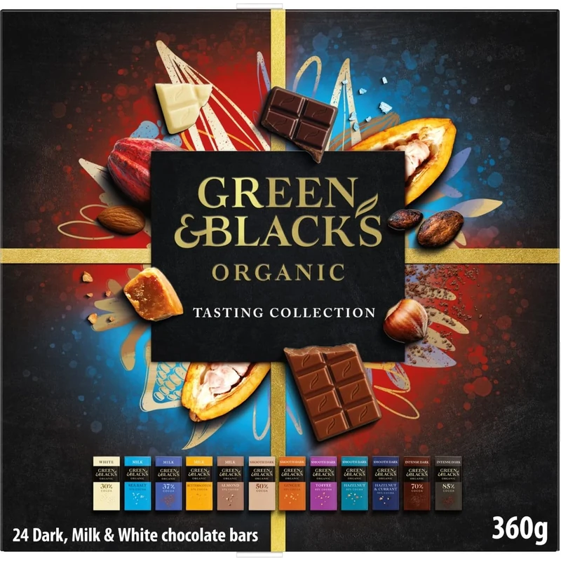 Green & Black's Organic Tasting Collection, Box of 24 Assorted Miniature Chocolate Bars, The Perfect Valentines Day Gift, 360 g (Pack of 1)