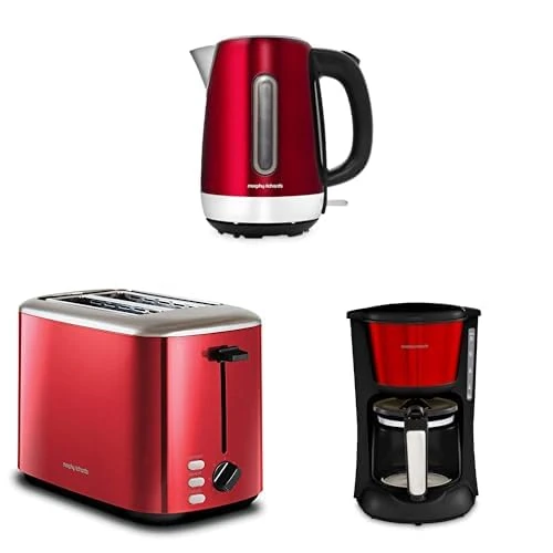 Morphy Richards Equip Bundle, Kettle, Toaster and Filtered Coffee Machine, 1.7L Fast Boil Jug Kettle, 2 Slice Variable Browning Toaster, Perfect Pour Filter Coffee Maker, Red 102785|222066|162503