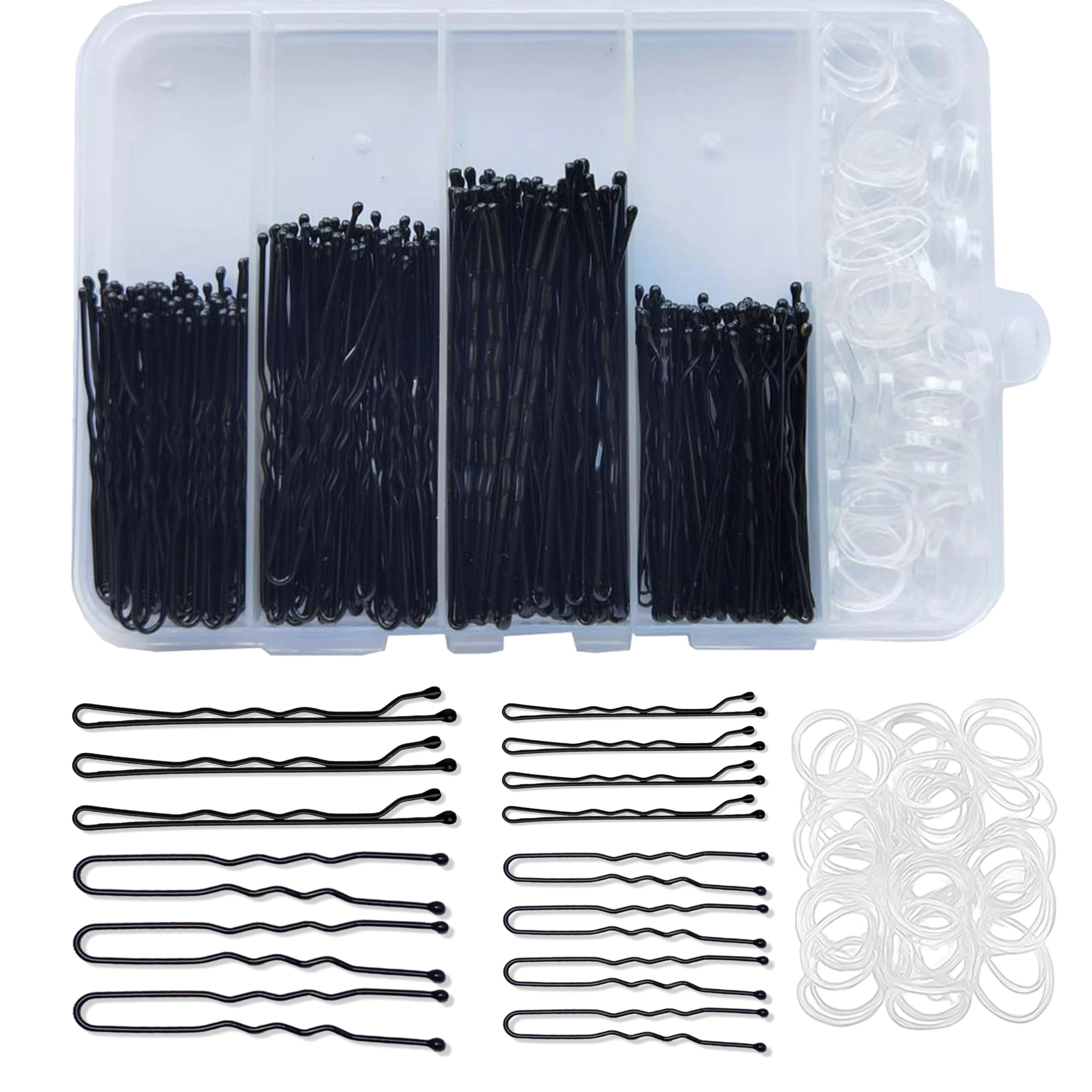 300pcs Bobby Pins Kit, Black 100 Hair Pins for Women, 100 U Shaped Hair Pins for Buns, 100 Hair Bands with Box, hair bun pins, strong hair grips for women, 2inch, 2.36inch, 2.75inch