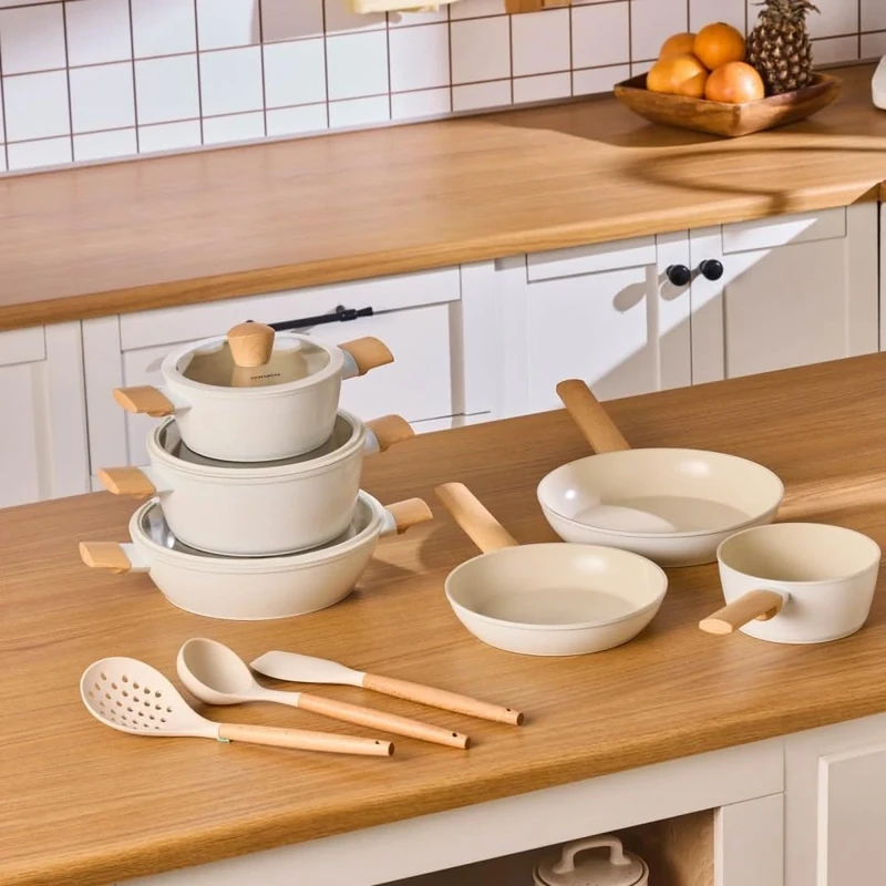 Karaca 12-Piece Ceramic Cookware Set with Lids & Utensils, Swiss Crystal Ceramic Kitchen Pots and Pans Sets Non Stick, Induction Compatible, Almond Cream