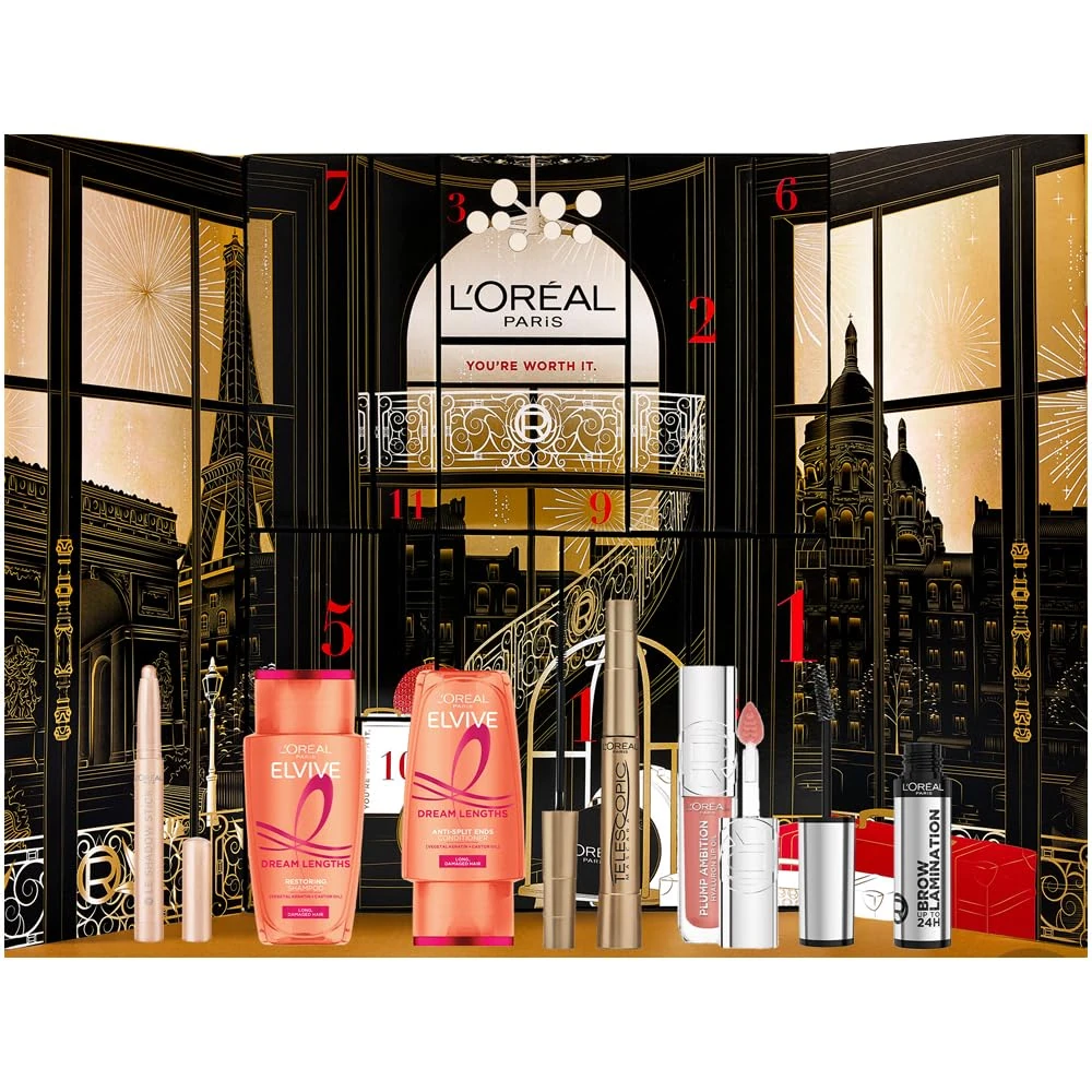 L'Oréal Paris 2025 Festive Beauty Advent Calendar, Luxurious 12-Day Gift Set Featuring Iconic Makeup, Premium Skincare, & Nourishing Haircare Favourites, A Must-Have Treat Worth Over £108