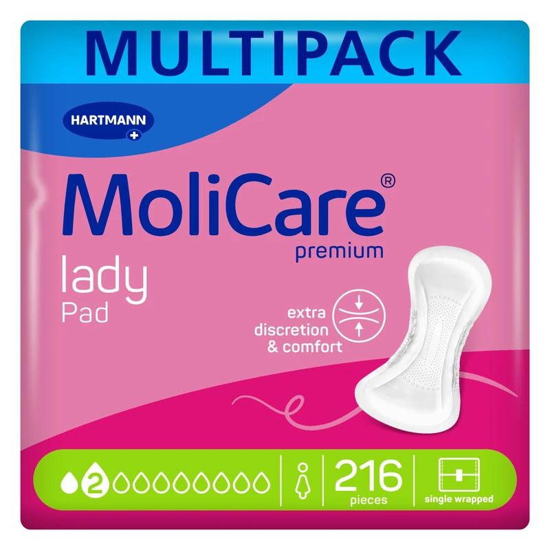 MoliCare Lady Pad 2 Drops Slim and Discreet Incontinence Pads for Women with Bladder Weakness, Odour Neutraliser, Leakage Protection, Advanced Skin Protection, 18 Packs of 12 Pads (216 Pieces)