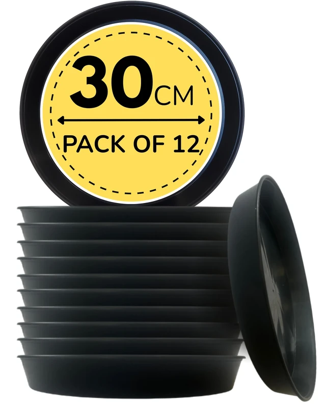 Growers Own 30cm Round Plant Saucers – Pack of 12 Heavy Duty Planter Drip Trays. Protect Surfaces from Water Damage & Stains. Weatherproof & Easy to Clean. Durable For Indoor & Outdoor Use. Black