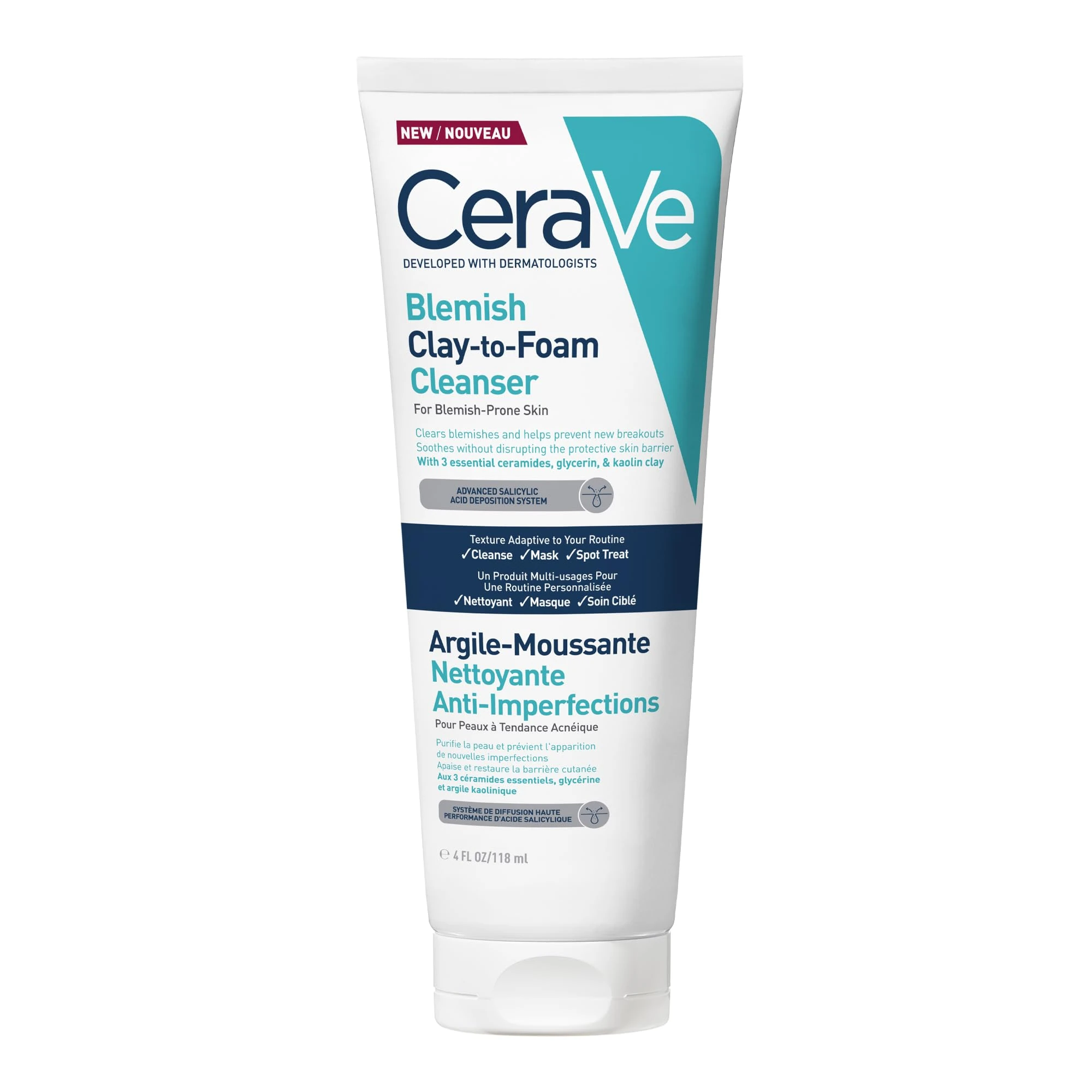 CeraVe Blemish Clay To Foam Cleanser, Clears Blemishes & Helps Soothe New Breakouts, 118 ml