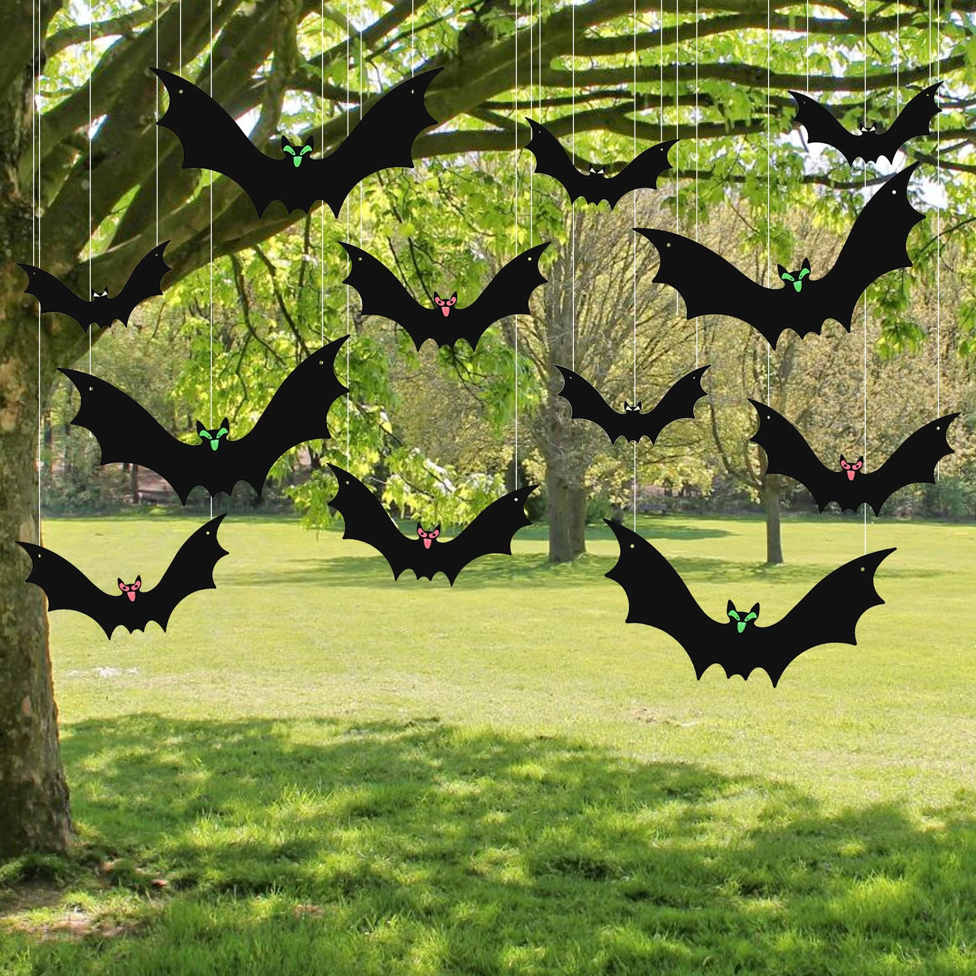 12PCS Hanging Bats Halloween Decorations Outdoor, Bats Hanging with Glowing Eyes, Bat Halloween Decorations to Hang on Trees, Porches, Yards, Lawns, Indoors