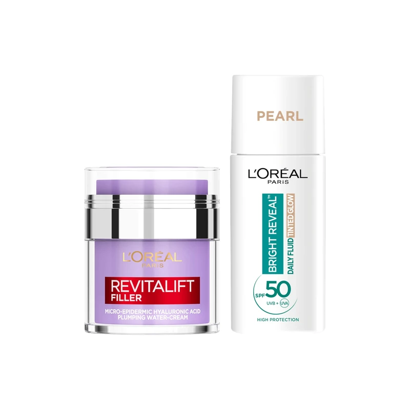 L’Oréal Paris Hydrate, Glow & Protect Bundle: Revitalift Filler Replumping Water Cream+ L’Oréal Paris Bright Reveal UV Fluid Tinted Glow - Pearl - SPF 50+ for Face