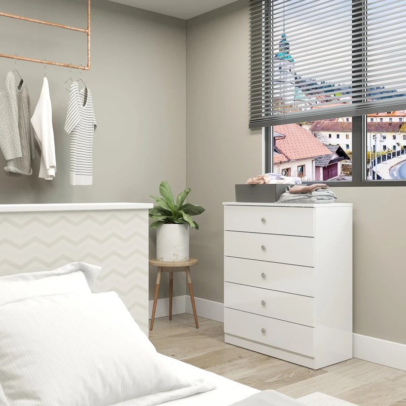 Seconique Denver 5 Drawer Chest in White Gloss